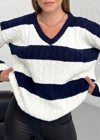 Lacivert Çizgili Örgü Kadın Kazak - Görsel 2