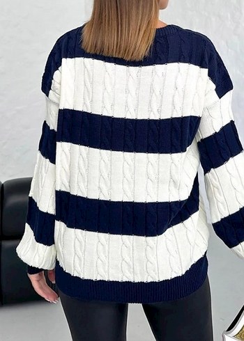 Lacivert Çizgili Örgü Kadın Kazak - Görsel 4