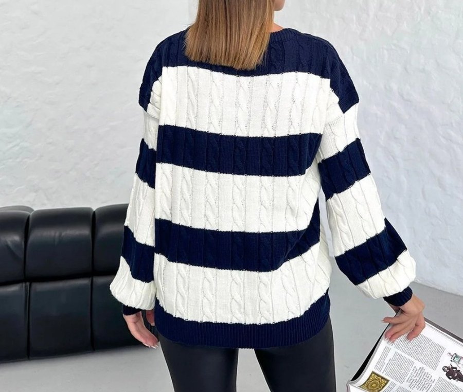 Lacivert Çizgili Örgü Kadın Kazak - Görsel 4