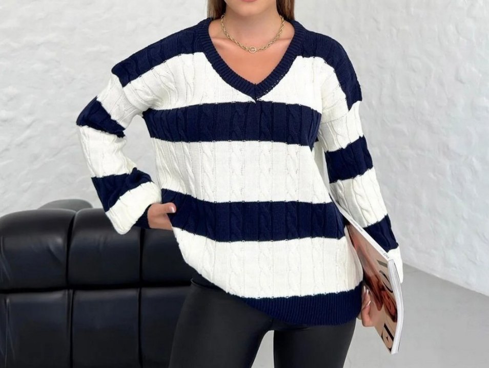 Lacivert Çizgili Örgü Kadın Kazak - Görsel 3