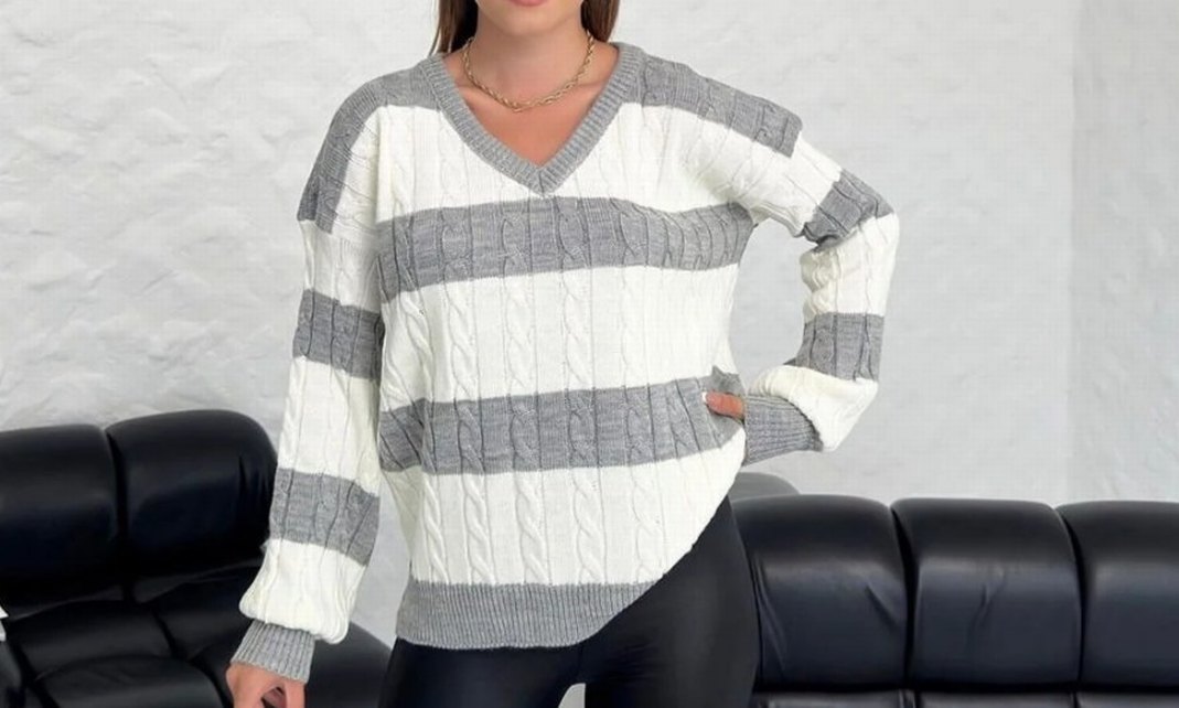 Gri Çizgili Kadın Örgü Kazak - Görsel 3