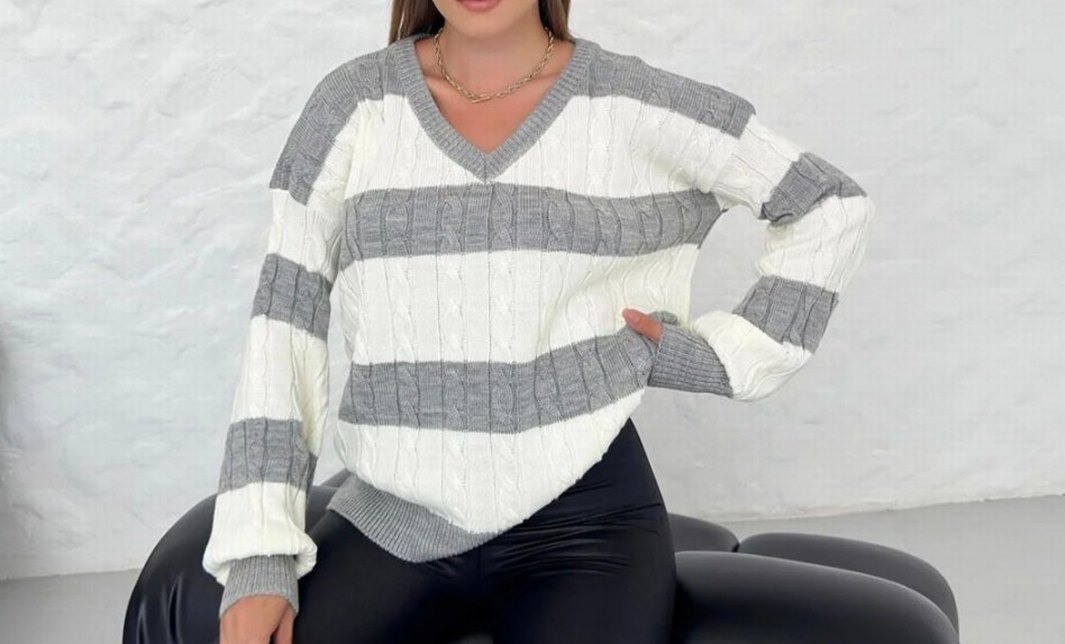 Gri Çizgili Kadın Örgü Kazak - Görsel 2