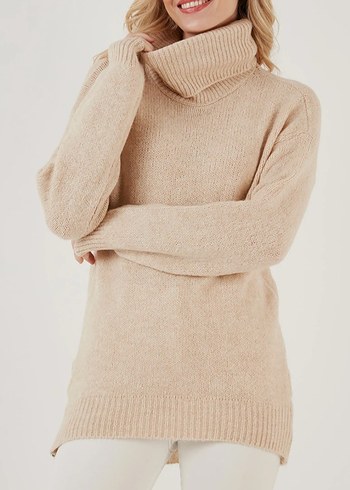 Bej Örgü Boğazlı Kadın Kazak - Görsel 3