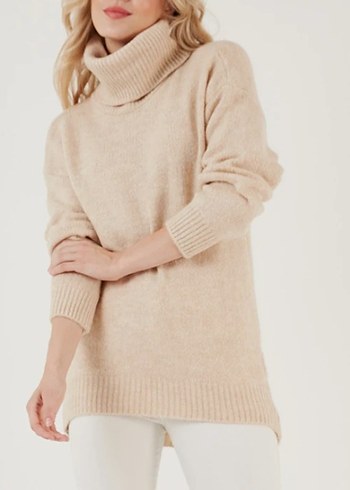 Bej Örgü Boğazlı Kadın Kazak - Görsel 5