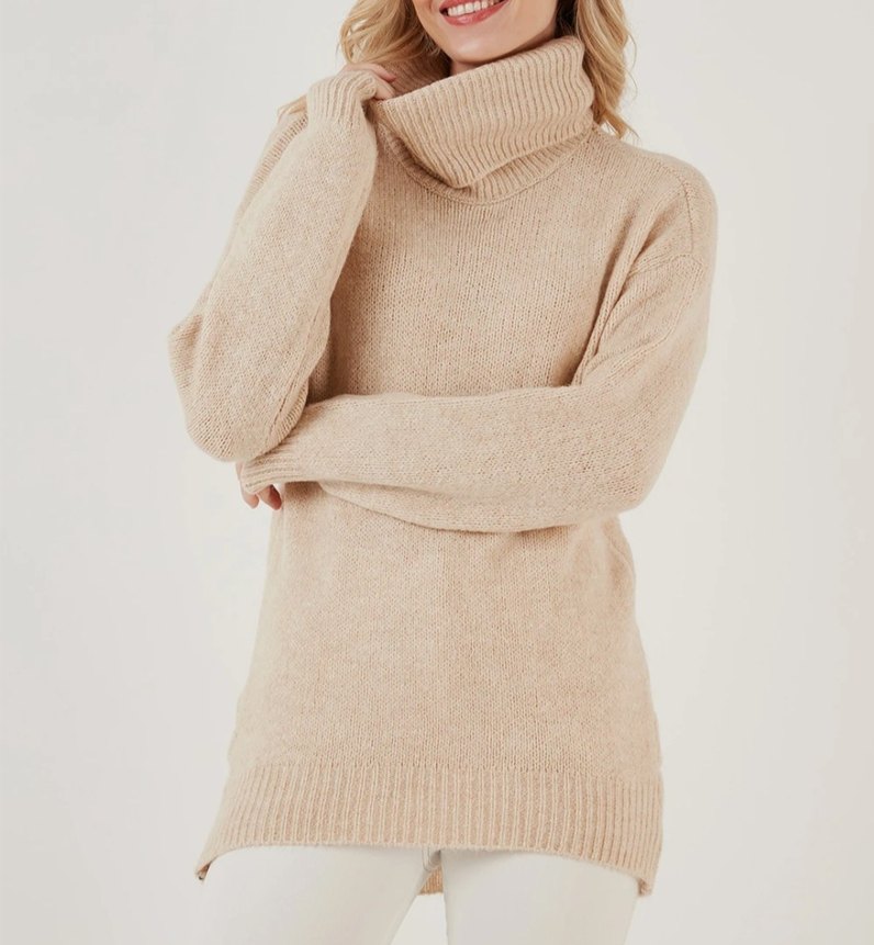 Bej Örgü Boğazlı Kadın Kazak - Görsel 3