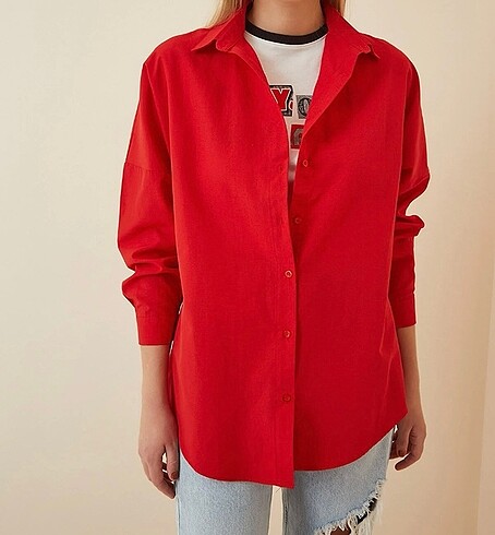 Happiness kadın kırmızı oversize basic gömlek