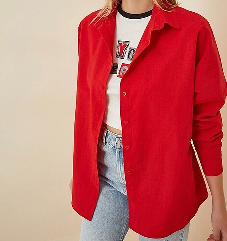 diğer Beden kadın kırmızı oversize basic gömlek