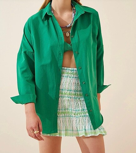 Diğer Kadın yeşil oversize basic gömlek