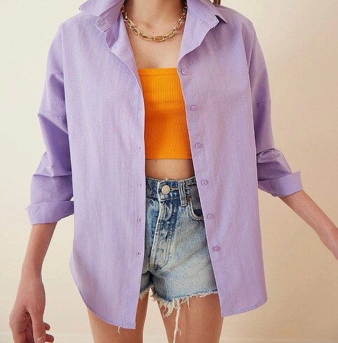 Kadın lila oversize basic gömlek