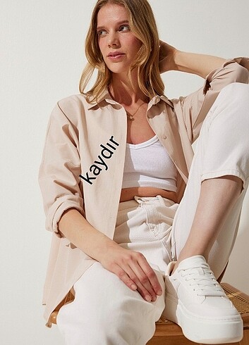 Krem kadın oversize basic gömlek 