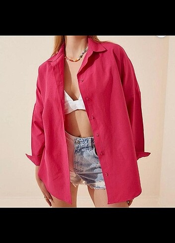 Kadın fuşya oversize basic gömlek 