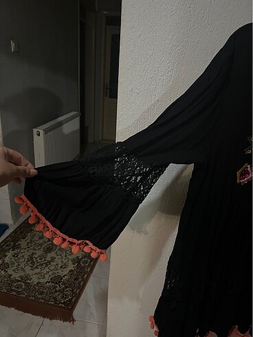 diğer Beden Bohem ponpon dantel detaylı mini elbise