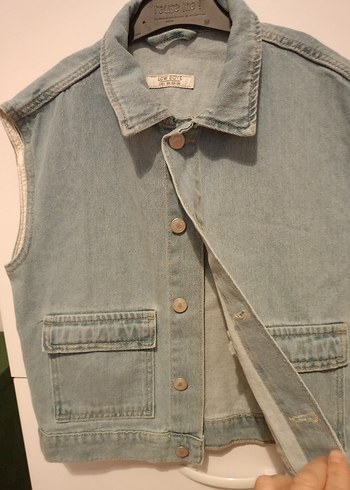 Düğmeli Kolsuz Gri Denim Ceket - Görsel 2