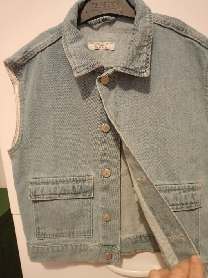 Düğmeli Kolsuz Gri Denim Ceket - Görsel 2