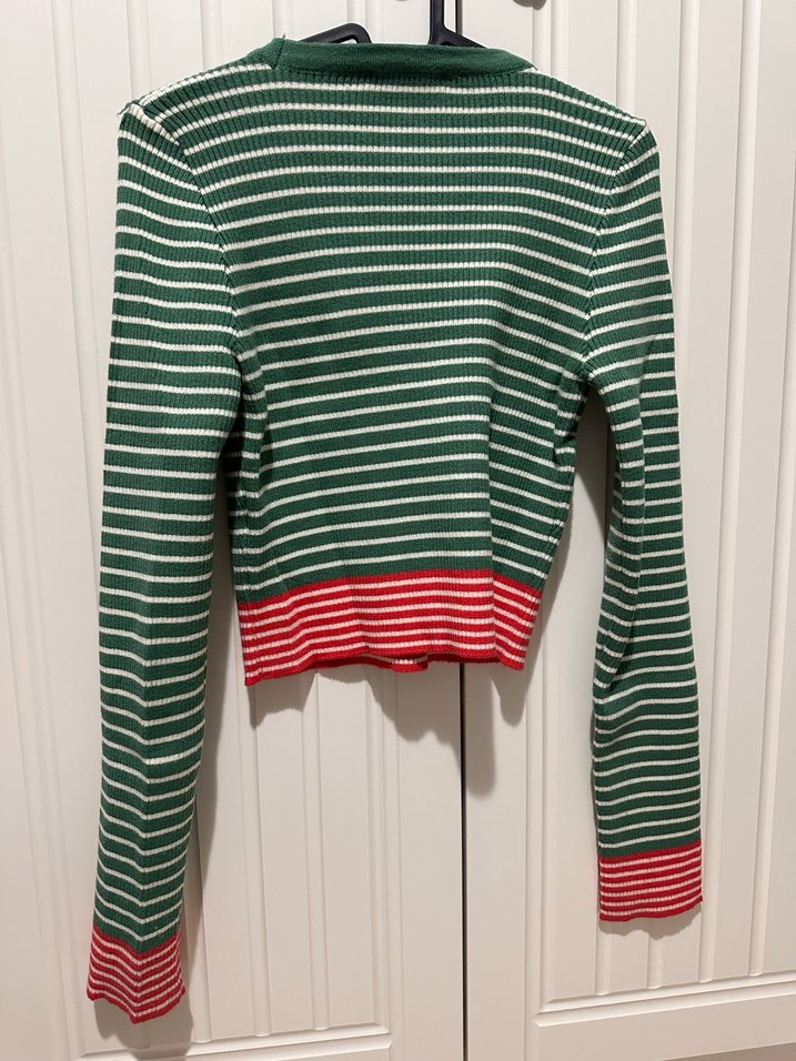 Yeşil Kırmızı Çizgili Uzun Kollu Kadın Kazak - Görsel 2