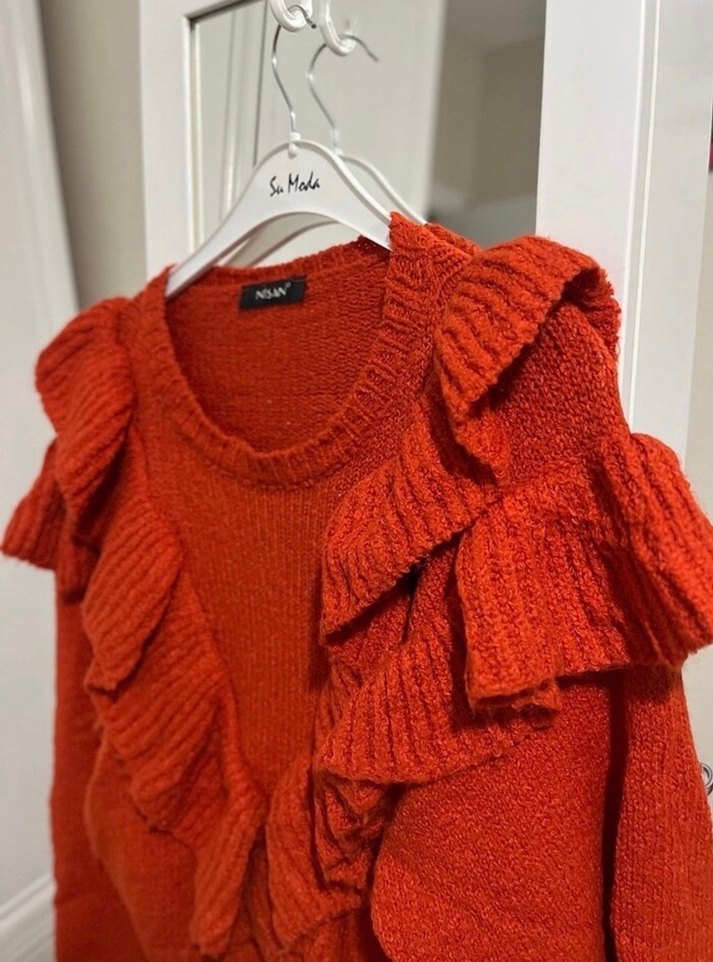 Kadın Kırmızı Fırfırlı Örgü Kazak - Görsel 4