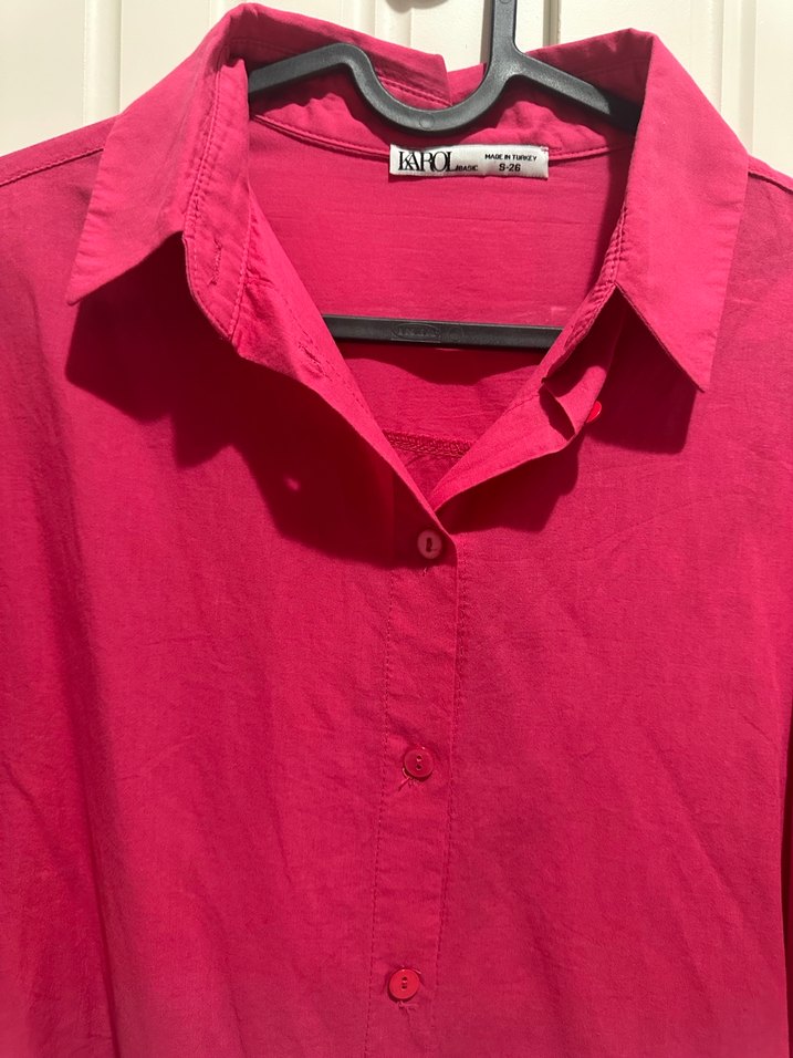 Pembe Düğmeli Keten Kadın Gömlek - Görsel 2