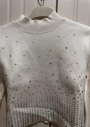 Uzun Kollu Beyaz Triko Mini Kazak - Görsel 2