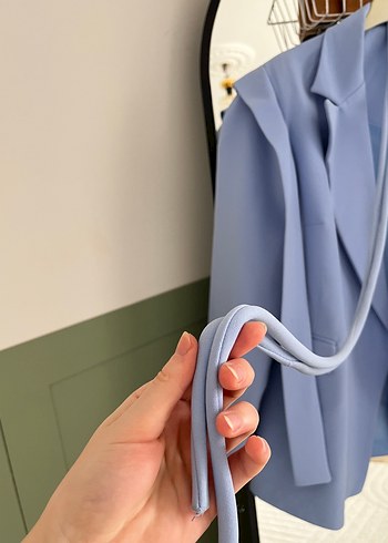 Diğer Mavi Kemerli Mini Kadın Blazer Ceket
