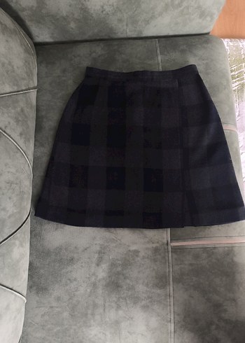 Gri Ekose Yün Midi Etek - Görsel 6