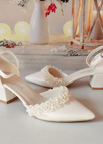 İnci Detaylı Beyaz Kadın Topuklu  gelin Ayakkabı - Görsel 2