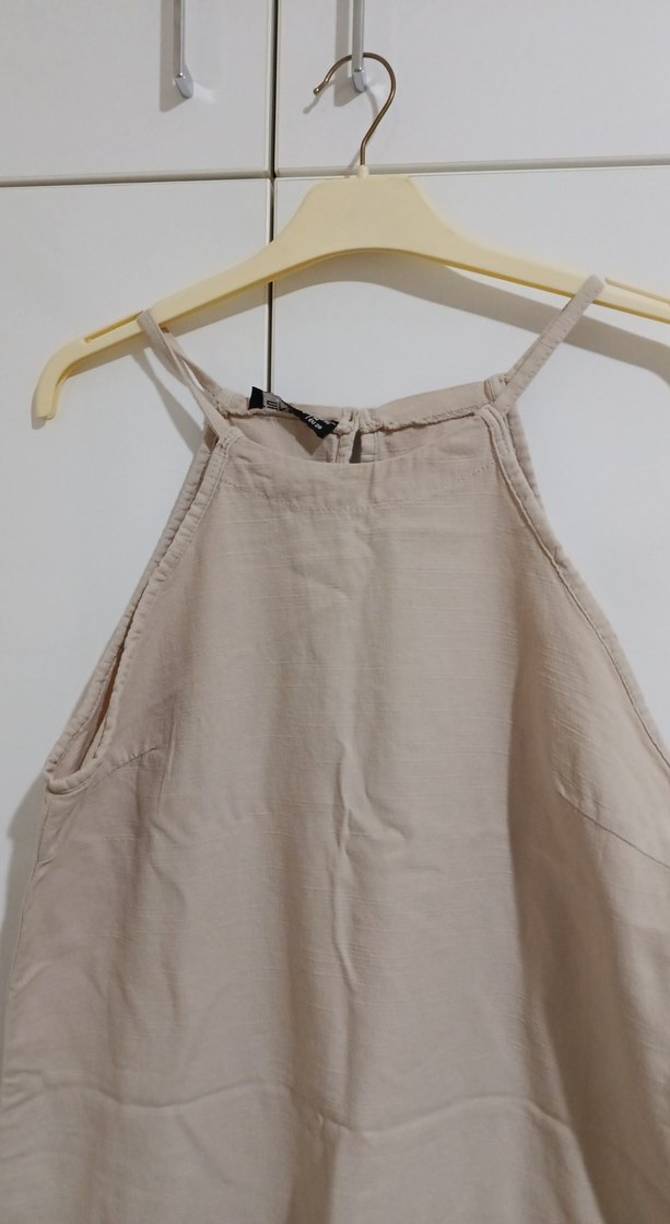 Bej Keten Midi Elbise - Görsel 2