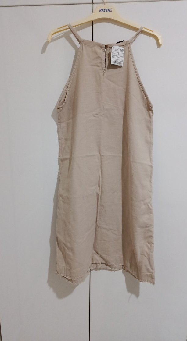 Bej Keten Midi Elbise - Görsel 3