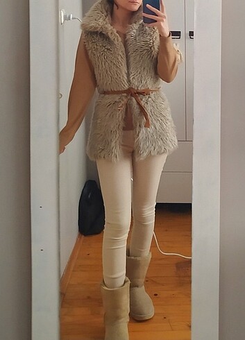 s Beden camel Renk Tüylü kürk yelek 