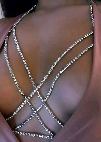 gümüş Parlak taşlı çapraz Kadın Vücut Zinciri - Görsel 3