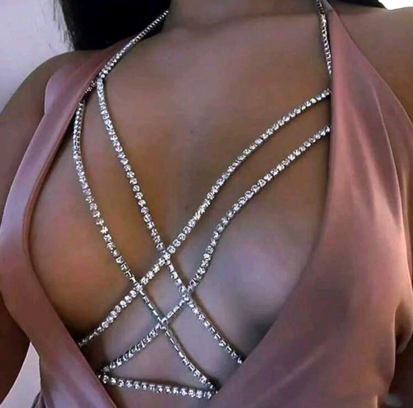gümüş Parlak taşlı çapraz Kadın Vücut Zinciri - Görsel 3