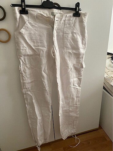 s Beden Beyaz keten cepli pantalon