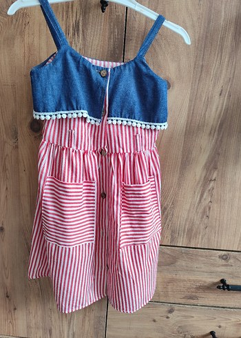 Kız Çocuk Renkli Çizgili Denim Askılı Elbise