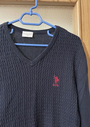 U.S polo Erkek Mavi V Yaka Örgü Triko Kazak - Görsel 3