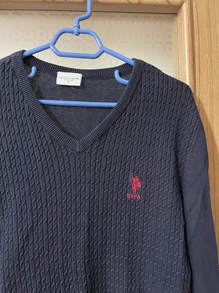 U.S polo Erkek Mavi V Yaka Örgü Triko Kazak - Görsel 3