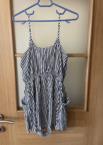 Çizgili V Yaka İnce Askılı Kadın Tulum - Görsel 4