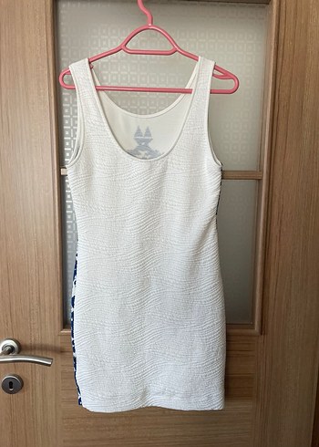 H&M Beyaz Lacivert Desenli Mini Elbise - Görsel 3