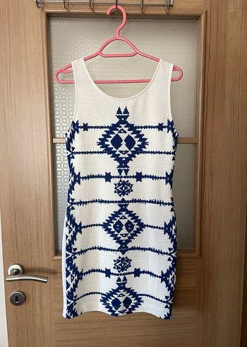 H&M Beyaz Lacivert Desenli Mini Elbise - Görsel 5