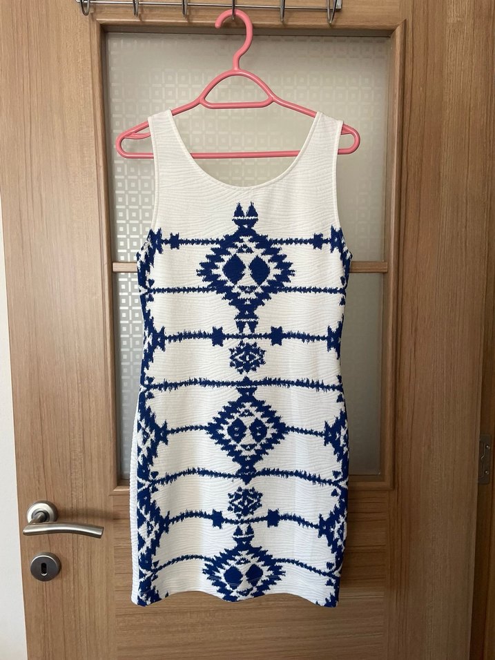 H&M Beyaz Lacivert Desenli Mini Elbise - Görsel 2