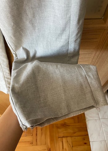 Gri Keten Pilili Kadın Pantolon - Görsel 6