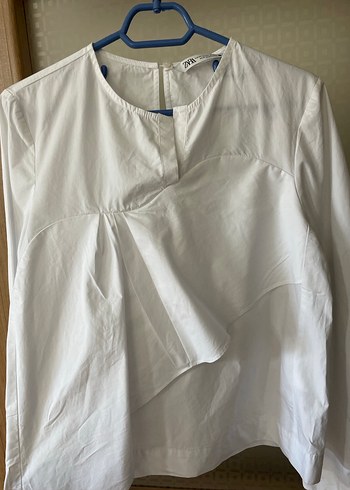 Zara Beyaz pamuklu Uzun Kollu Salaş Bluz - Görsel 5