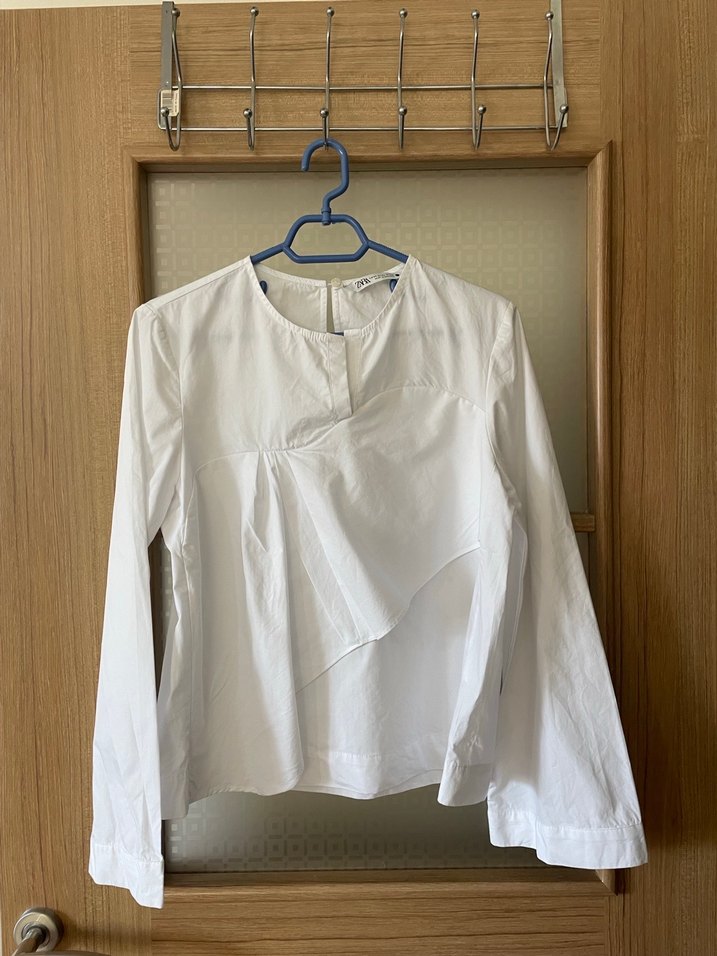 Zara Beyaz pamuklu Uzun Kollu Salaş Bluz - Görsel 2