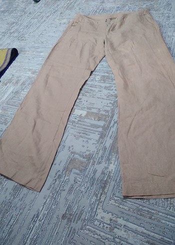 40 Beden camel Renk Bej Bol Kesim Keten Kadın Pantolon