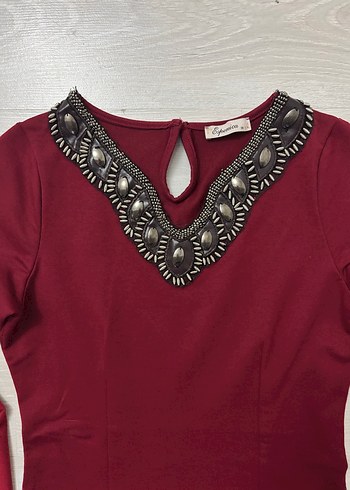 Uzun Kollu Bordo taşlı elbise - Görsel 2