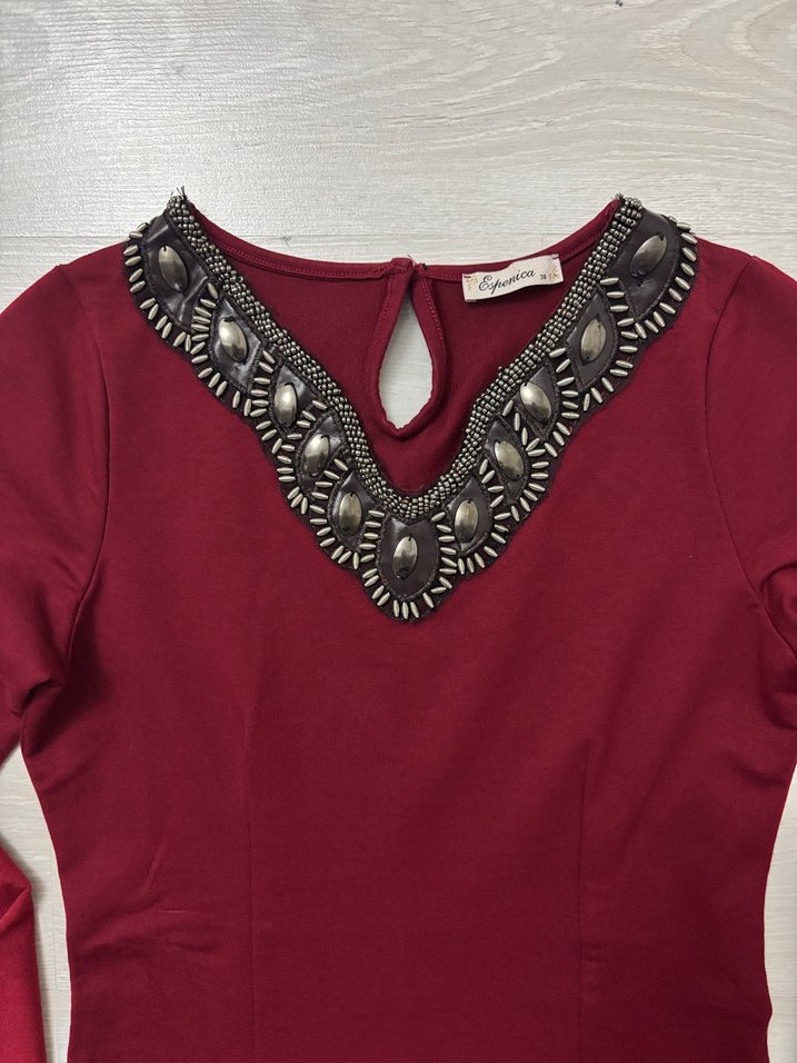 Uzun Kollu Bordo taşlı elbise - Görsel 2