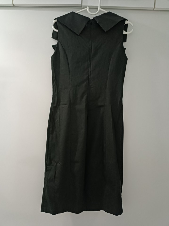 Siyah Drapeli V Yaka Midi Elbise - Görsel 4