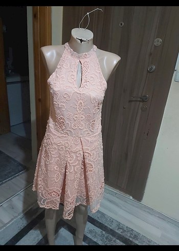 Pembe Dantel Mini Abiye Elbise