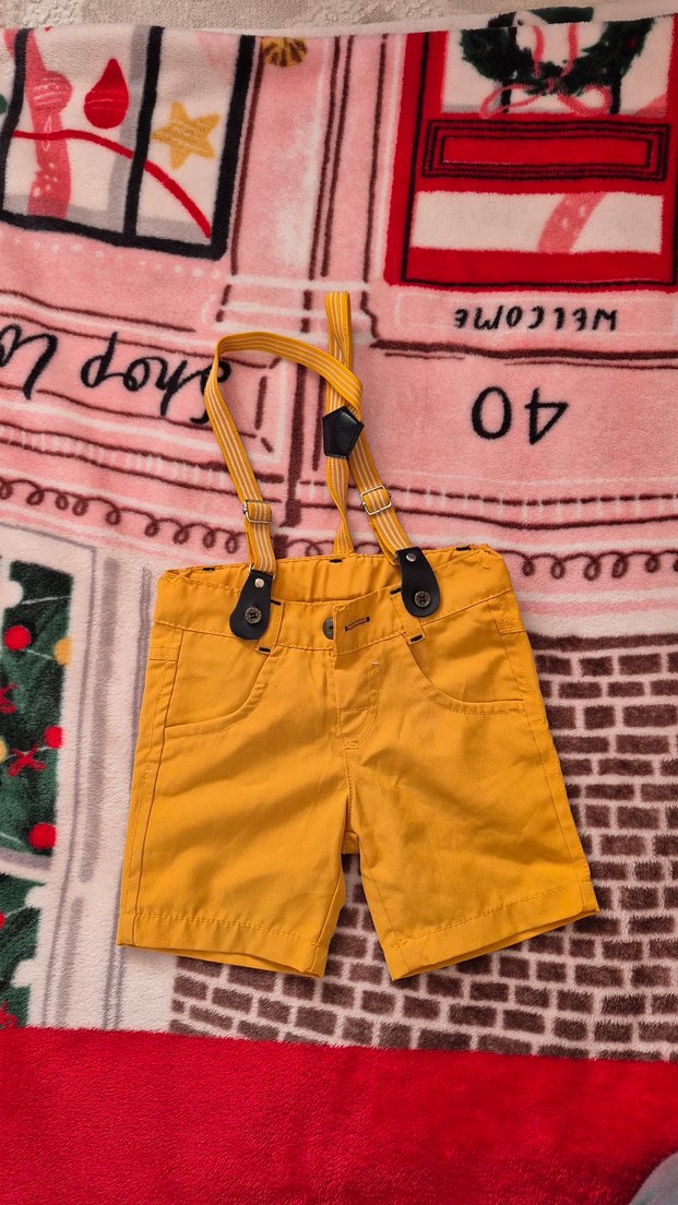 Sarı Erkek Çocuk Askılı Kemerli Şort - Görsel 3
