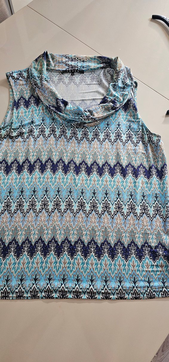 tüzün Gri-Mavi Desenli Kolsuz Bluz - Görsel 5