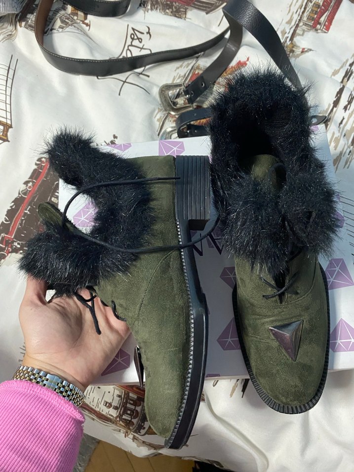 Kürk Detaylı Haki Süet Kadın Bot - Görsel 3