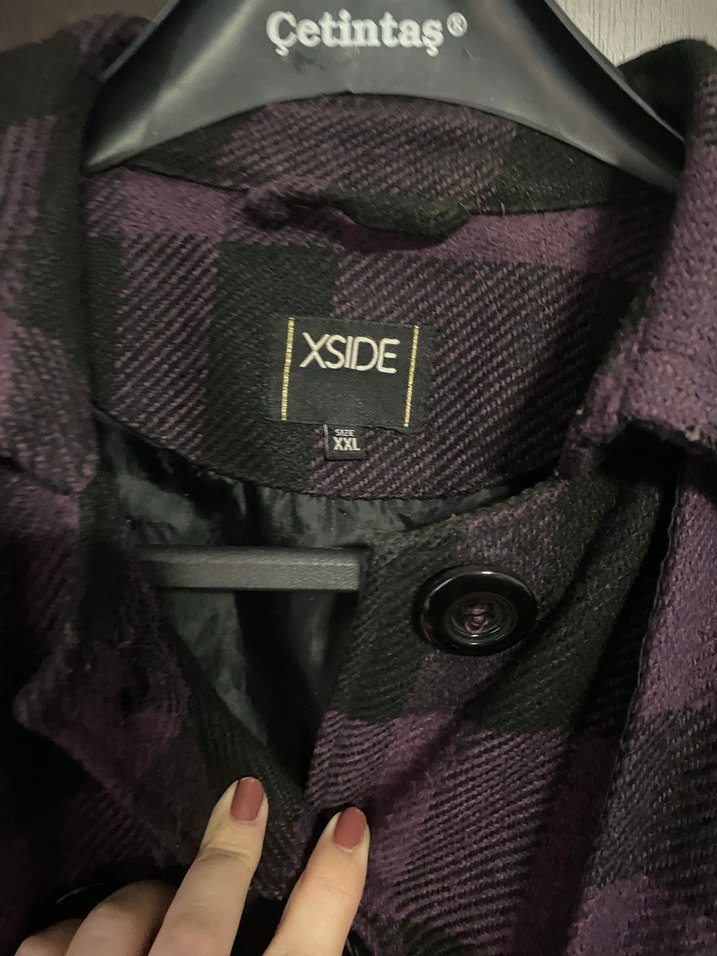 Mor Ekose Düğmeli Midi Yün Kaban - Görsel 3